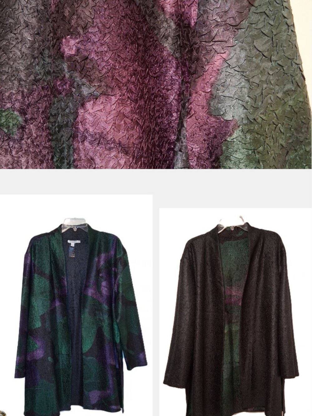 Chico's Green and Purple Textured Reversible Open Front Cardigan Jacket sz 3/XL
